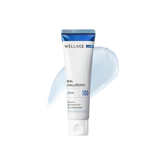WELLAGE Real Hyaluronic Cream 100, Pure Hyaluronic Acid Korean Face Moisturizer with Ceramide Panthenol Squalane Vitamin B5 Niacinamide - Hydrating face moisturizer, Hypoallergenic, 1.69oz.
