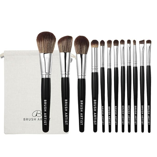 BRUSH ARTIST 12 PCs Black Silver Makeup Brush Set with Cotton Bag, Foundation Sponge, Face Powder Brush, Contour Brush, Blush Brush, Eyeshadow Brush, Eyebrow Brush, Concealer Brush