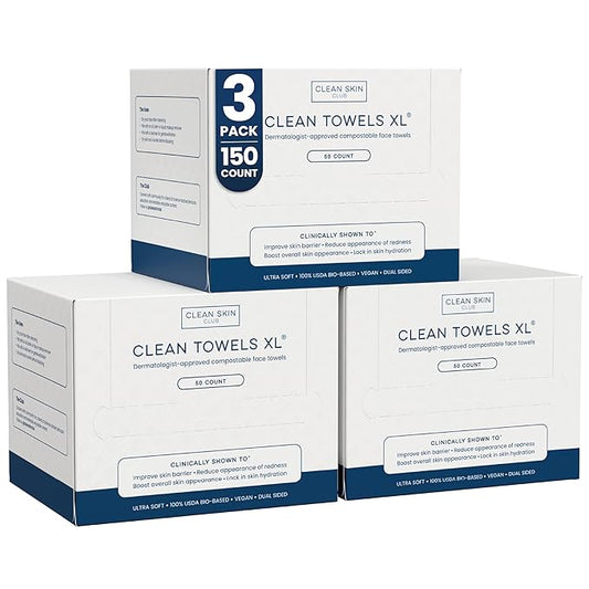 Clean Towels XL®, 100% USDA Biobased Face Towel, Disposable Face Towelette, Eczema Association Accepted, Makeup Remover Dry Wipes, Ultra Soft, 50 ct per pack, 3 Packs, 150 Ct Total
