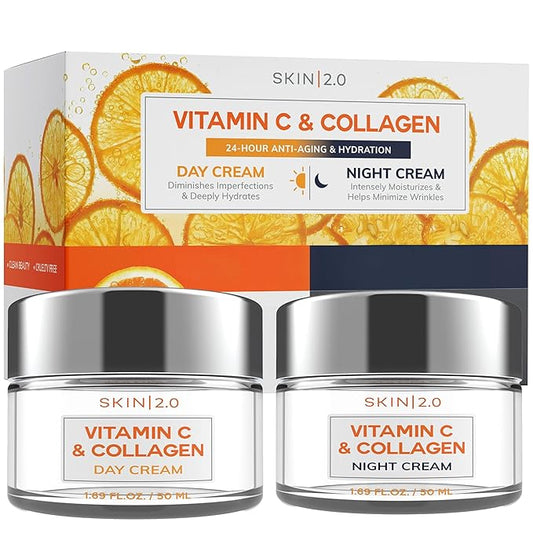 Vitamin C & Collagen Face Moisturizer – Anti Aging Day & Night Cream for Smooth & Radiant Skin, Firms & Restores Dull Complexion – Dermatologist Tested, Korean Skin Care Set, Vegan – Duo Pack