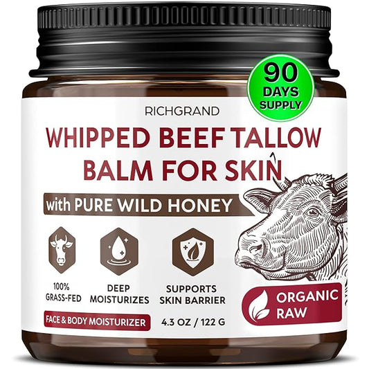 Beef Tallow for Skin - Whipped Tallow and Honey Balm - Grass Fed Beef Tallow for Face, Daily Moisturizer & Body Butter - Natural Non Comedogenic Skincare (4.3 oz)