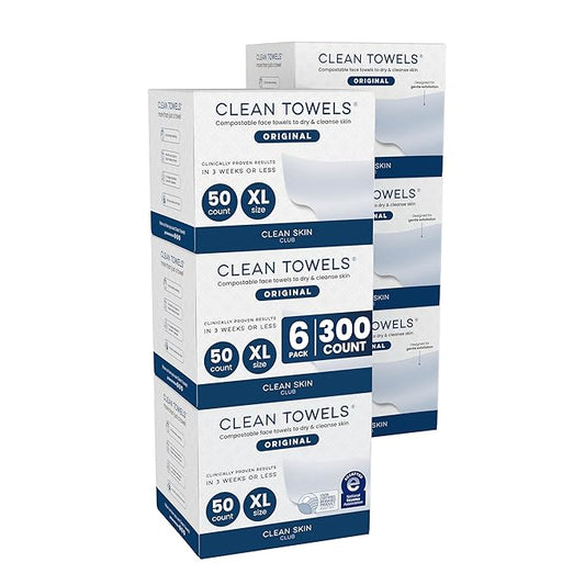 Clean Skin Club Clean Towels XL®, 100% USDA Biobased Face Towel, Disposable Face Towelette, Eczema Association Accepted, Makeup Remover Dry Wipes, Ultra Soft, 50 ct per pack, 6 Packs, 300 Ct Total
