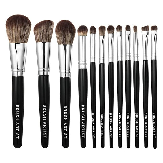 BRUSH ARTIST 12 PCs Premium Synthetic Black Silver Makeup Brush Set With Foundation Sponge, Face Powder Brush, Contour Brush, Blush Brush, Eyeshadow Brush, Eyebrow Brush, Concealer Brush