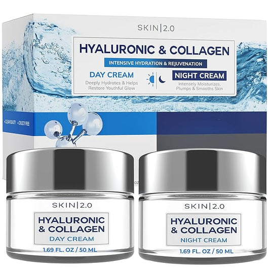 Hyaluronic Acid & Collagen Face Moisturizer – Deep Hydration & Firming Cream for Smooth, Youthful Look – Dermatologist Tested, Korean Skin Care Set, Vegan, Clean Beauty – Day & Night Duo